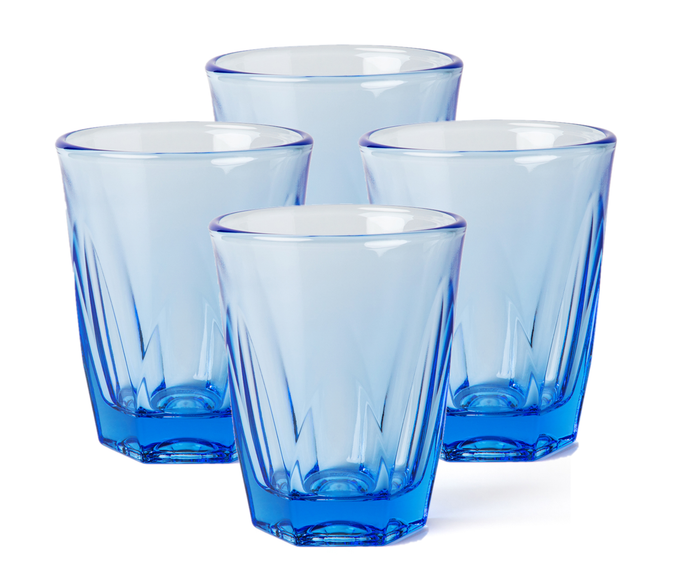 Set of 4 ocean blue Notneutral vero latte glass displayed on a white background