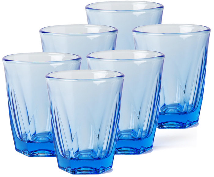 Set of 6 ocean blue Notneutral vero latte glass displayed on a white background