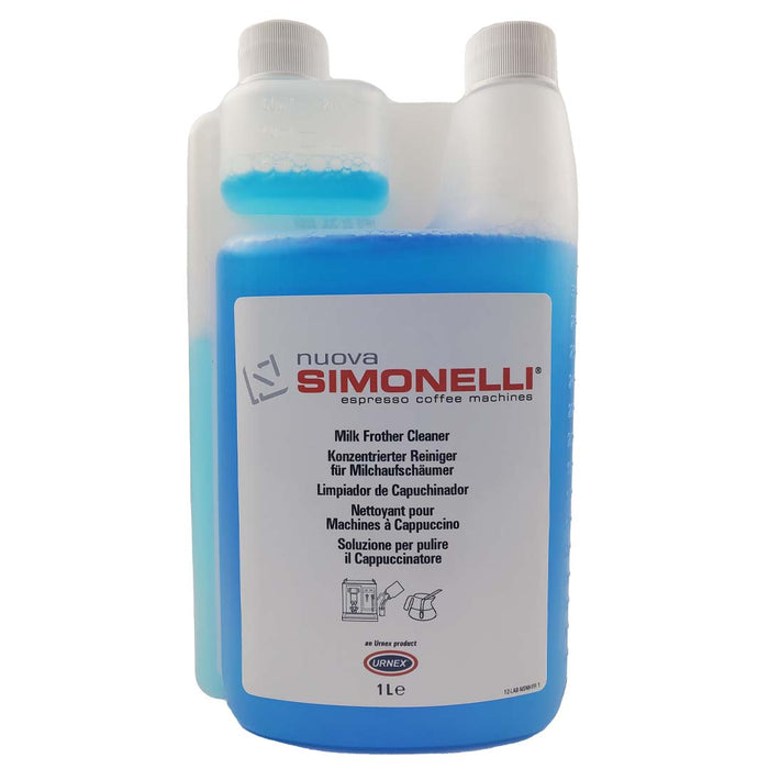 Front view of 33.6 oz Nuova Simonelli alkaline formula milk frother cleaner displayed on a white background