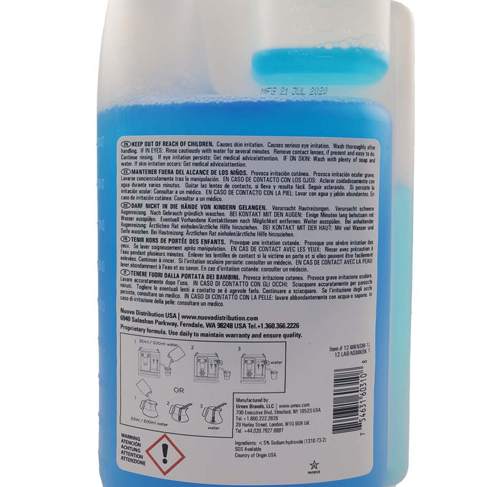 Back side of 33.6 oz Nuova Simonelli alkaline formula milk frother cleaner displayed on a white background