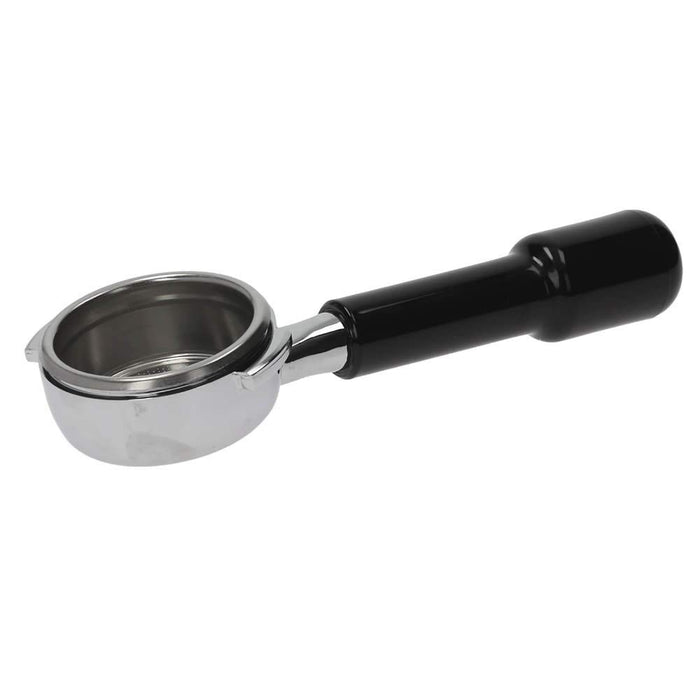 Bottomless portafilter with double shot basket with a black handle on a white background