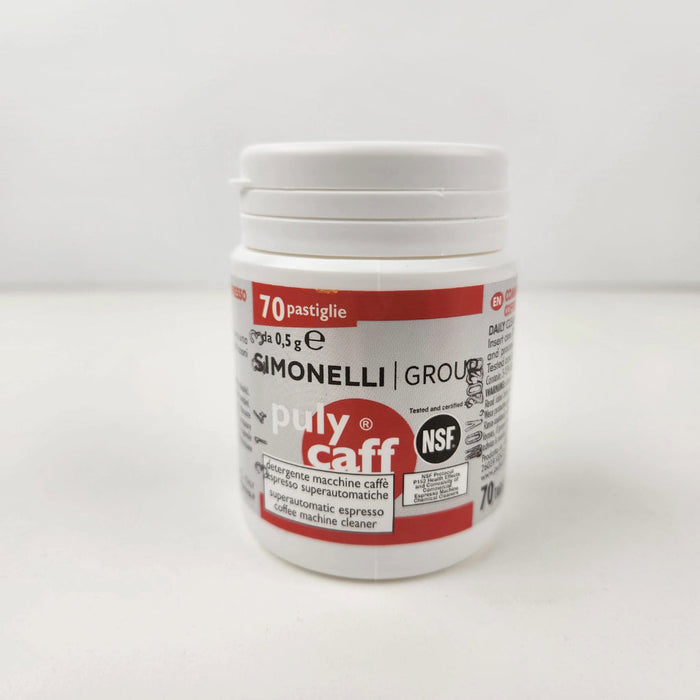 Front view of container of Nuova Simonelli espresso machine cleaning tablets displayed on a white background