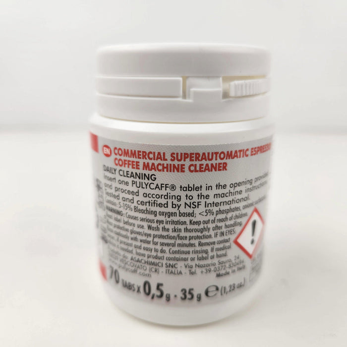 Back view of container of Nuova Simonelli espresso machine cleaning tablets displayed on a white background