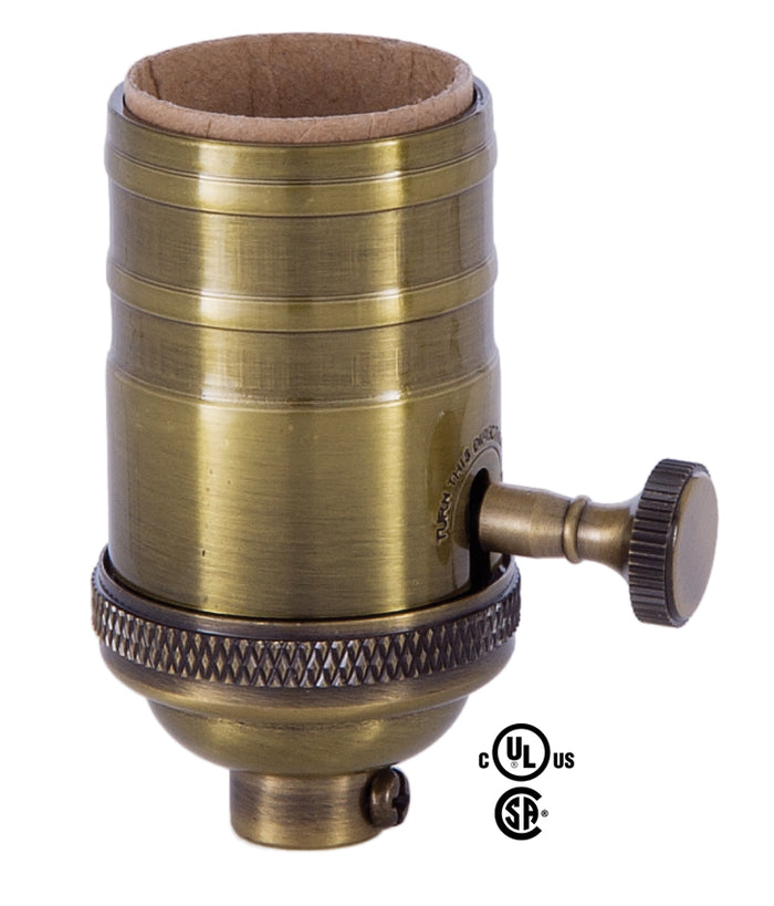 On-Off, Heavy Turned Brass Lamp Socket w/Brass Knob, Antique BRASS Finish, NO UNO