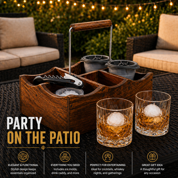 Wooden drink caddy with ice molds and glasses on a patio table.