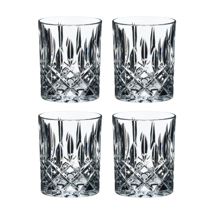 A set of four clear, crystal RIEDEL Spey Double Old Fashioned glasses with a geometric pattern.