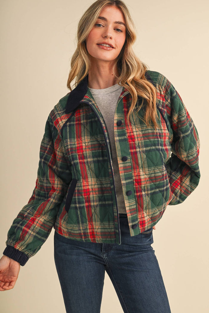 Plaid Quilted Jacket w/ corduroy detail, barn red + forest green