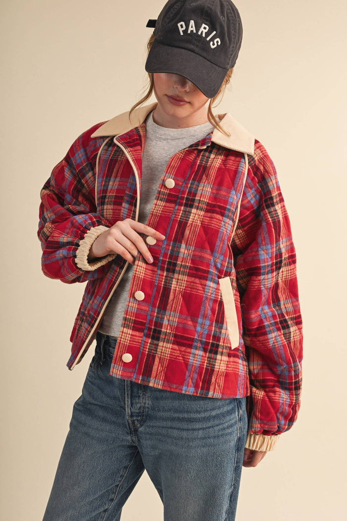 Plaid Quilted Jacket w/ corduroy detail, barn red + forest green