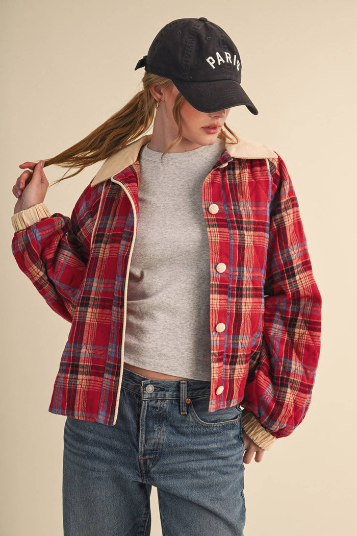 Plaid Quilted Jacket w/ corduroy detail, barn red + forest green