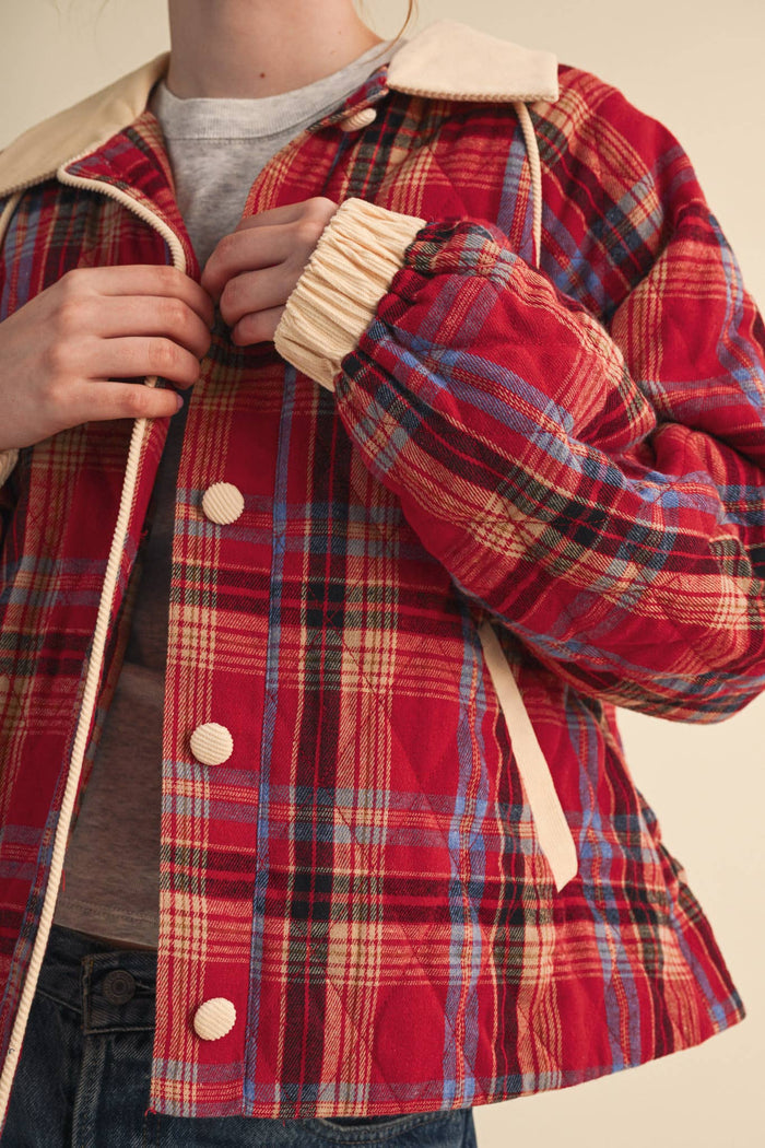 Plaid Quilted Jacket w/ corduroy detail, barn red + forest green