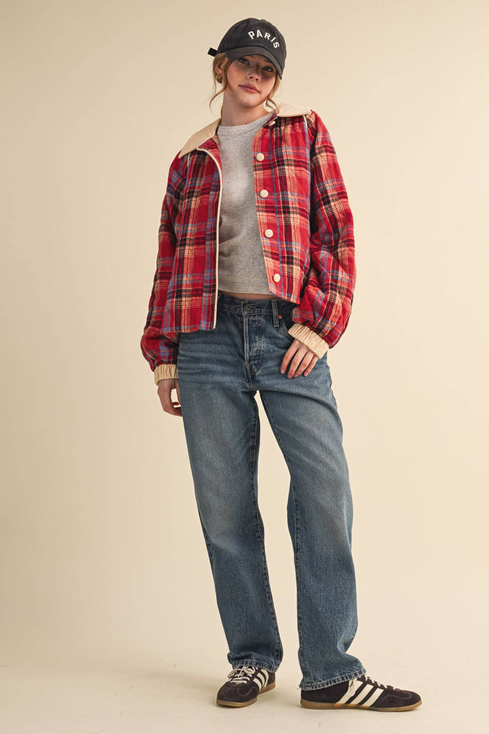 Plaid Quilted Jacket w/ corduroy detail, barn red + forest green