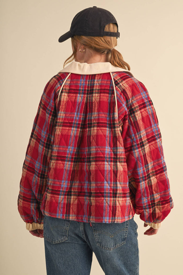 Plaid Quilted Jacket w/ corduroy detail, barn red + forest green