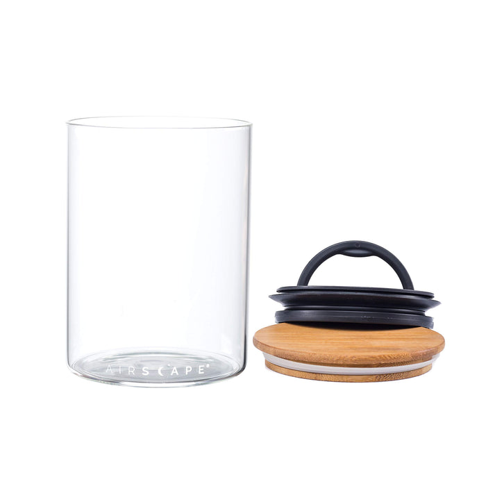 Empty Glass jar with airscape logo as well as airtight lid and bamboo lid
