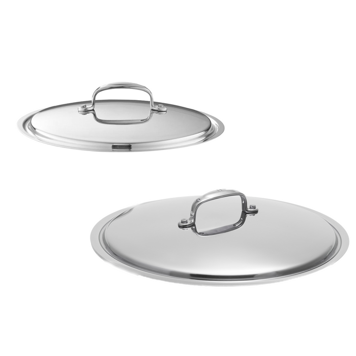 Two stainless steel lids on a white background