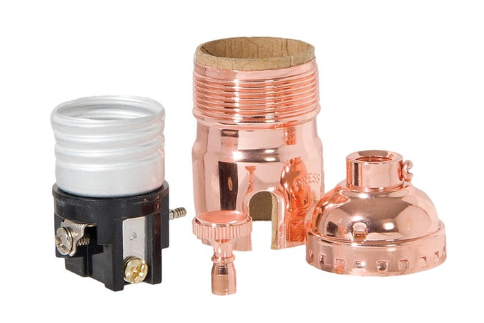 Polished Copper Finish E-26 3-Way Brass Knob Lamp Socket, UNO Threads