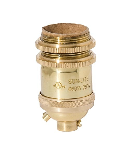Polished and Lacquered, Tall E26 Keyless Brass Lamp Socket with Ground Screw Terminal, Long UNO Threads