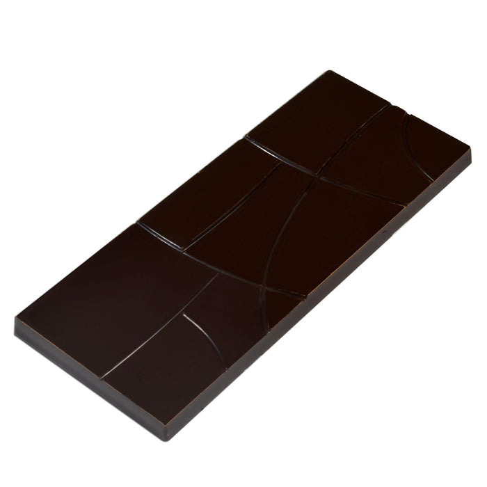Rectangular dark chocolate bar on a white background