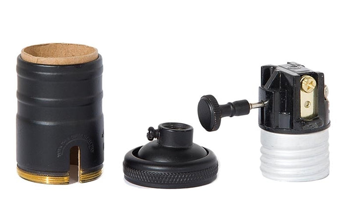 Premium Satin Black Finish E-26 Heavy Turned Brass Knob Lamp Socket, 3-Way, No UNO Thread