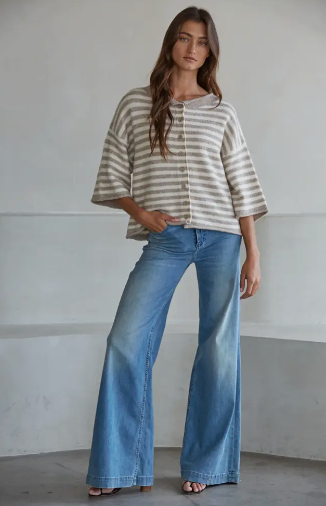 Quarter Sleeve Striped Cardigan