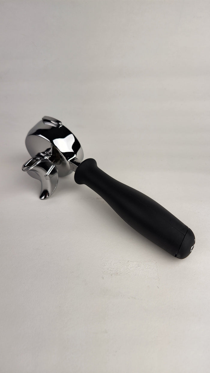 Rancillio portafilter with handle and double spout on a light background