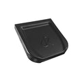 Black plastic tray with a logo on a white background