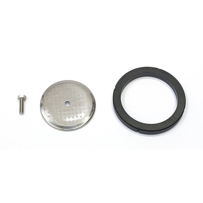 Rancilio Silvia Group Head PM Kit with screw, filter, and gasket displayed on a white background