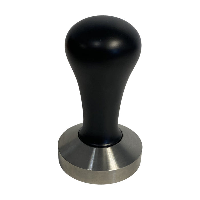 Black Rancillio Silvia coffee tamp with silver base on a white background