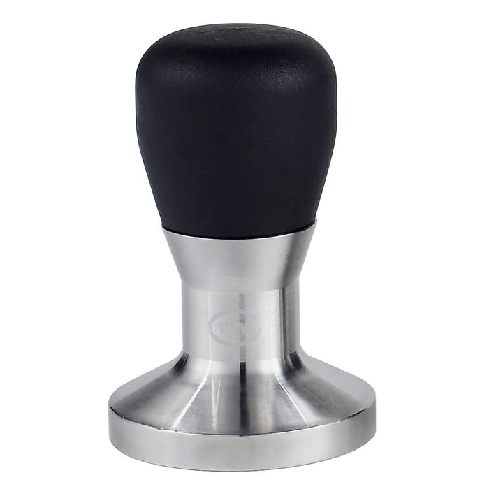 58 mm Coffee tamp with black angular rubber end on a white background
