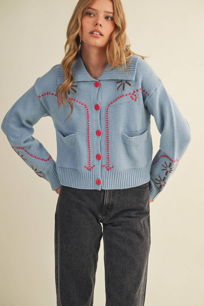 Red Embroidered Cardigan, navy or light blue