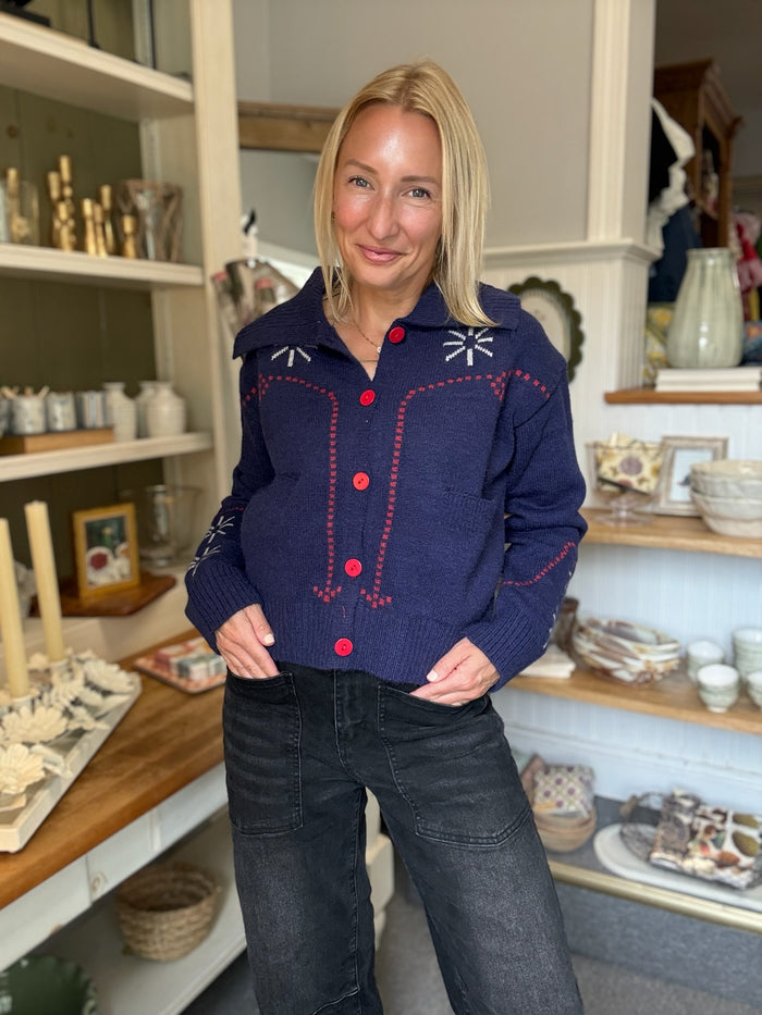 Red Embroidered Cardigan, navy or light blue