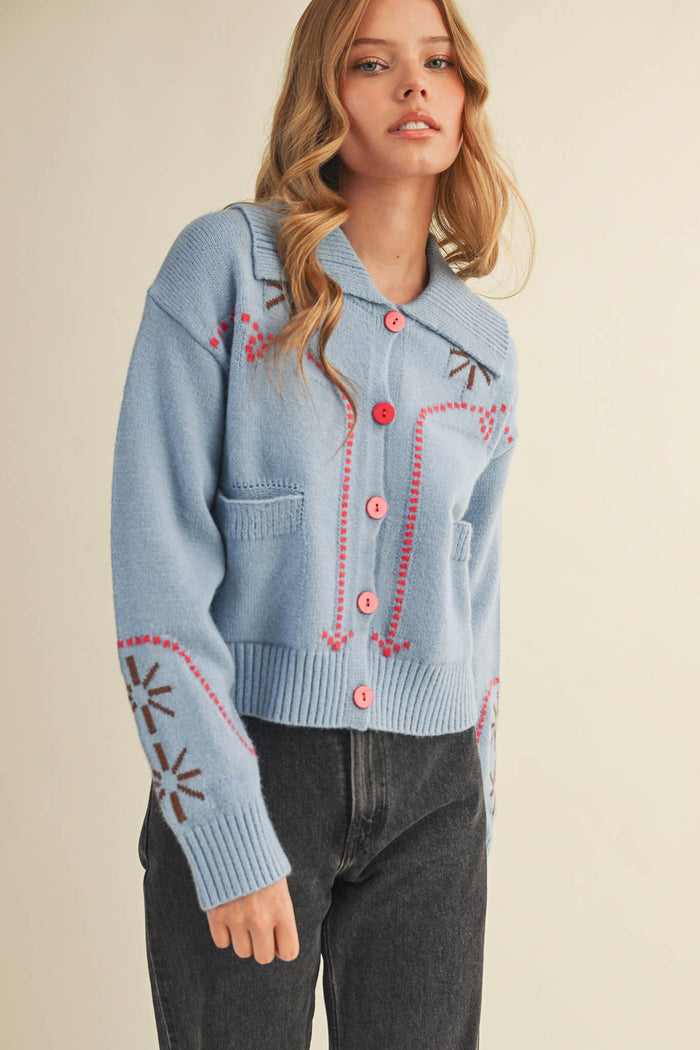 Red Embroidered Cardigan, navy or light blue