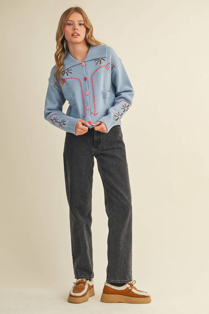 Red Embroidered Cardigan, navy or light blue