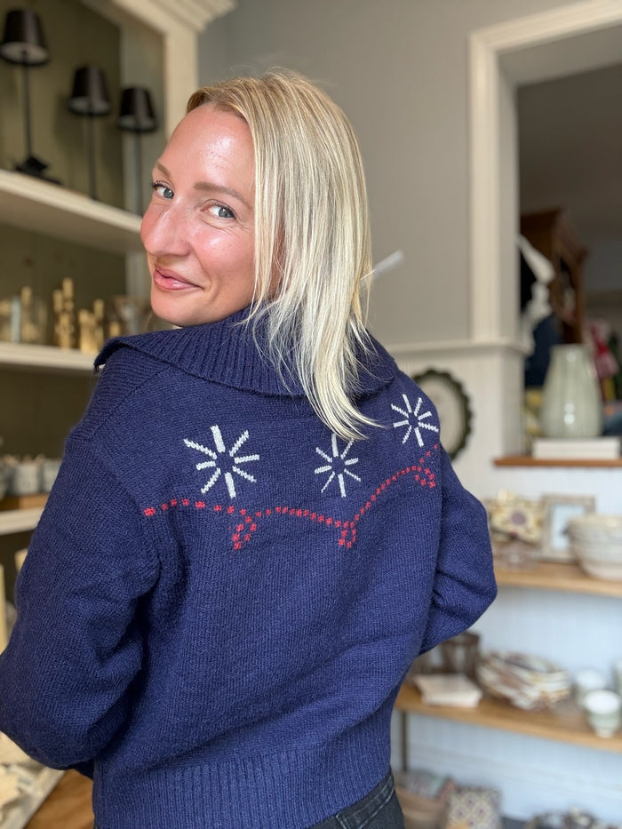 Red Embroidered Cardigan, navy or light blue