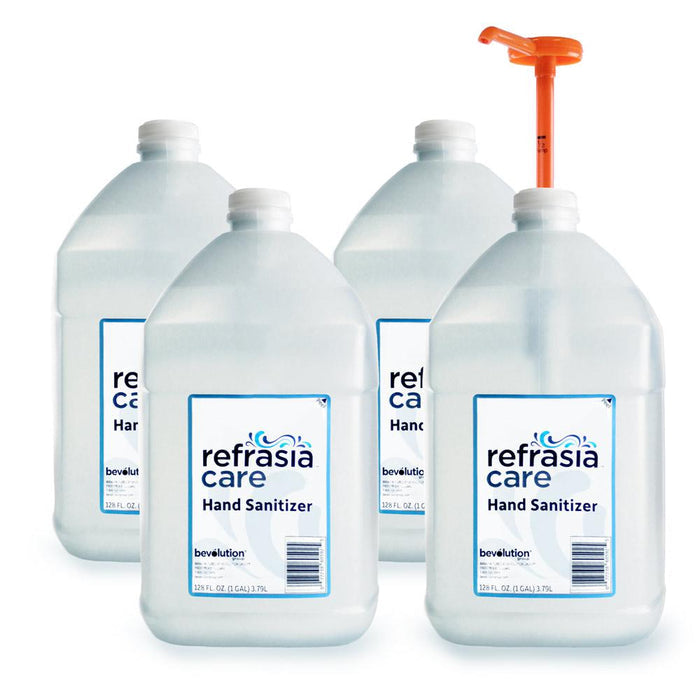 Four large bottles of refrasia care hand sanitizer on a white background