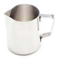 12 oz stainless steel steaming pitcher displayed on a white background