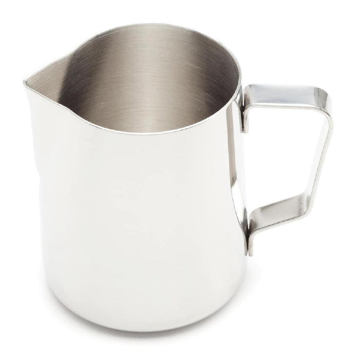 12 oz stainless steel steaming pitcher displayed on a white background