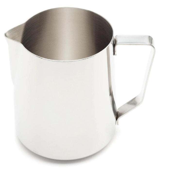 30 oz stainless steel steaming pitcher displayed on a white background