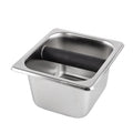Stainless steel knock box for coffee grounds displayed on a white background