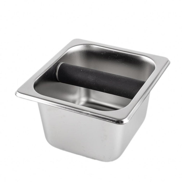 Stainless steel knock box for coffee grounds displayed on a white background