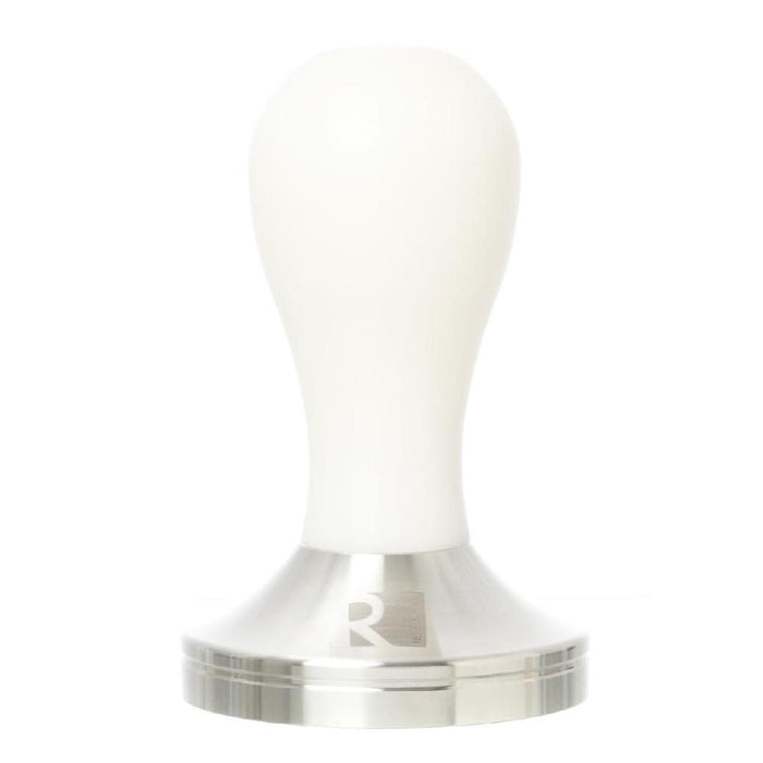 58.3 mm white stainless steel tamper displayed on a white background