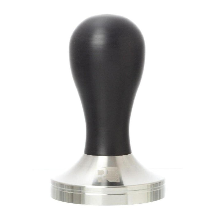 57 mm black stainless steel tamper displayed on a white background