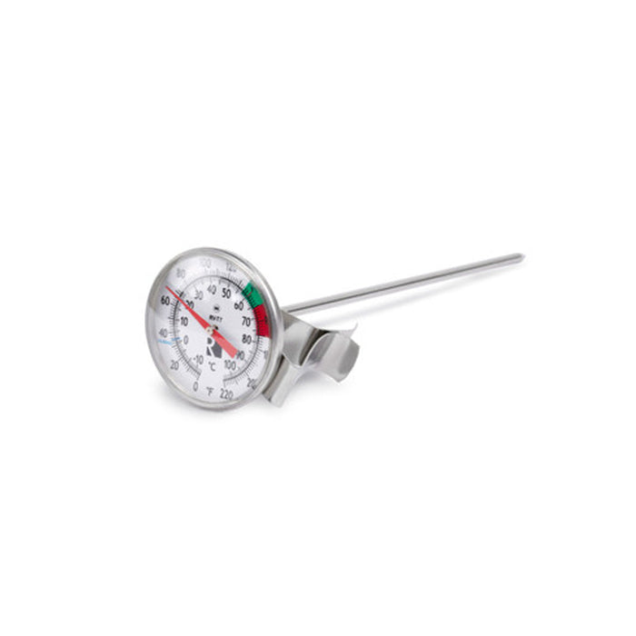 Dial thermometer with temperature markings on a white background