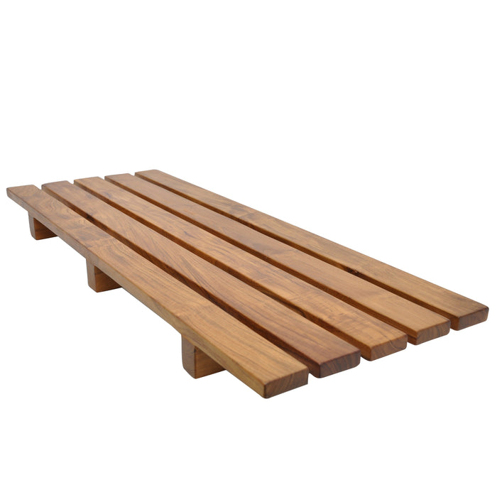 Teak tub caddy with horizontal planks displayed on a white background