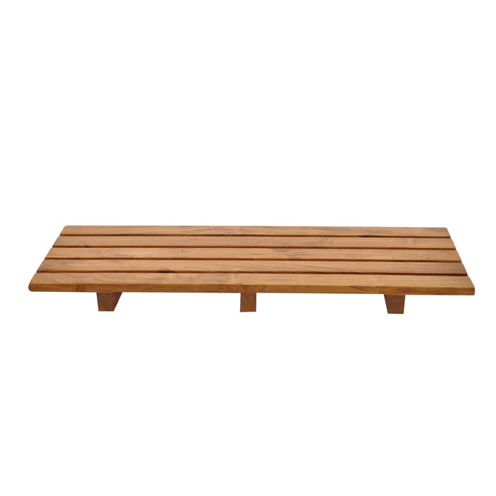 Teak tub caddy with horizontal planks displayed on a white background
