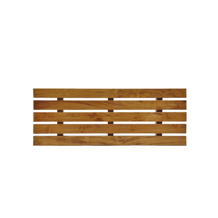 Top view of teak tub caddy with horizontal planks displayed on a white background