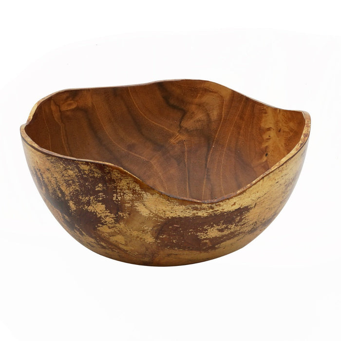 Extra large teak bowl with distressed gold leaf exterior displayed on a white background