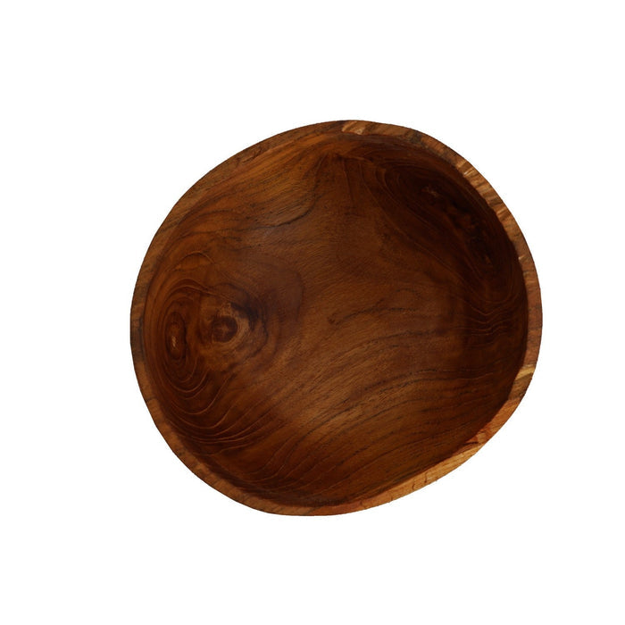 Top view of Rico & Plato adagio teak bowl displayed on a white background