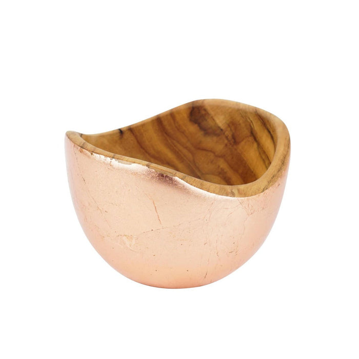 Teak bowl with copper leaf exterior displayed on a white background