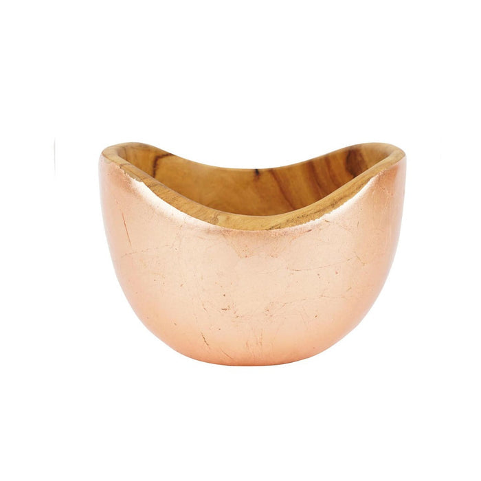 Side view of teak bowl with copper leaf exterior displayed on a white background