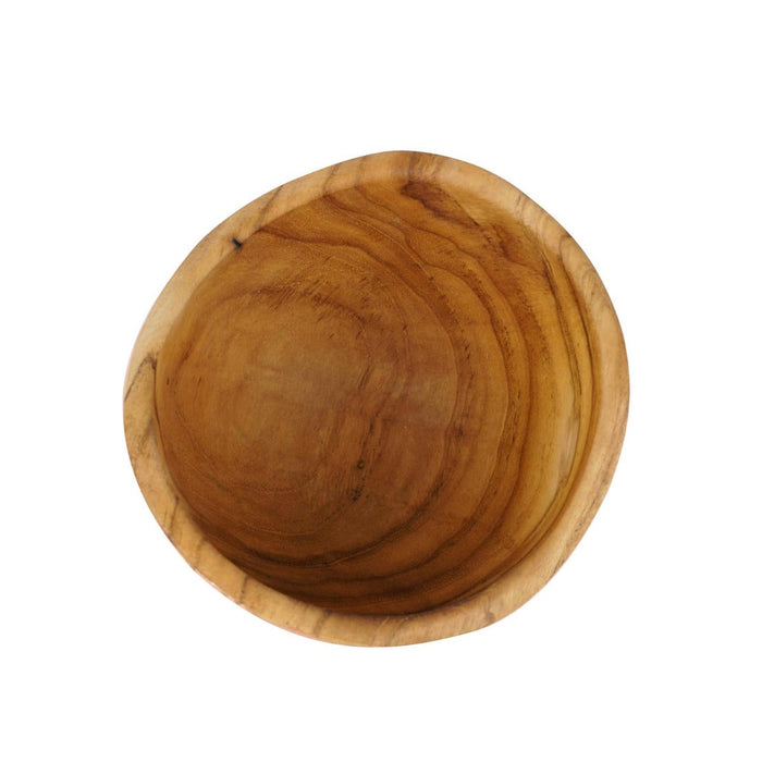 Top view of teak bowl with copper leaf exterior displayed on a white background